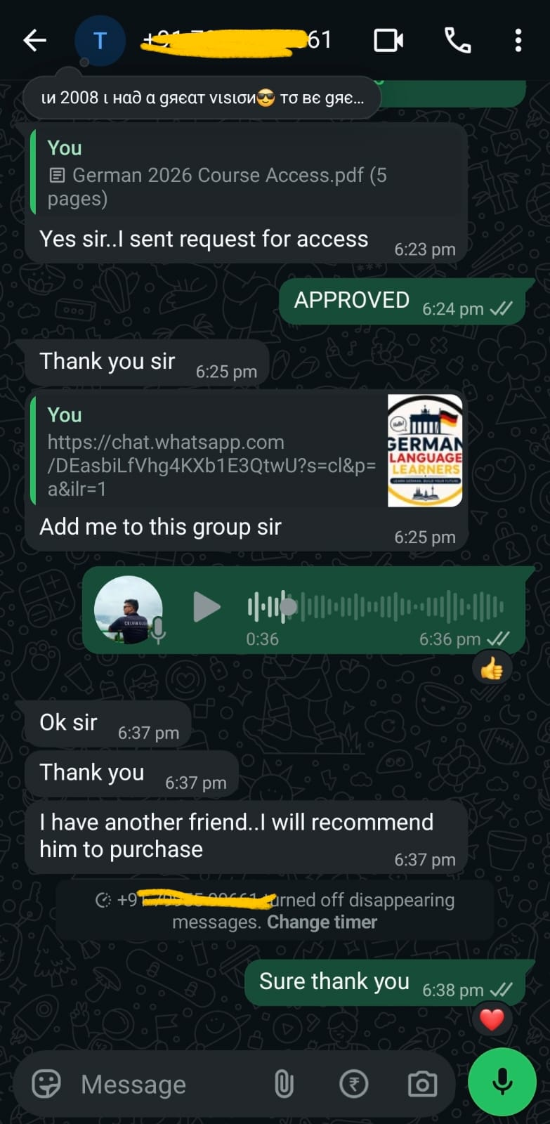 Customer confirming access was approved after purchase