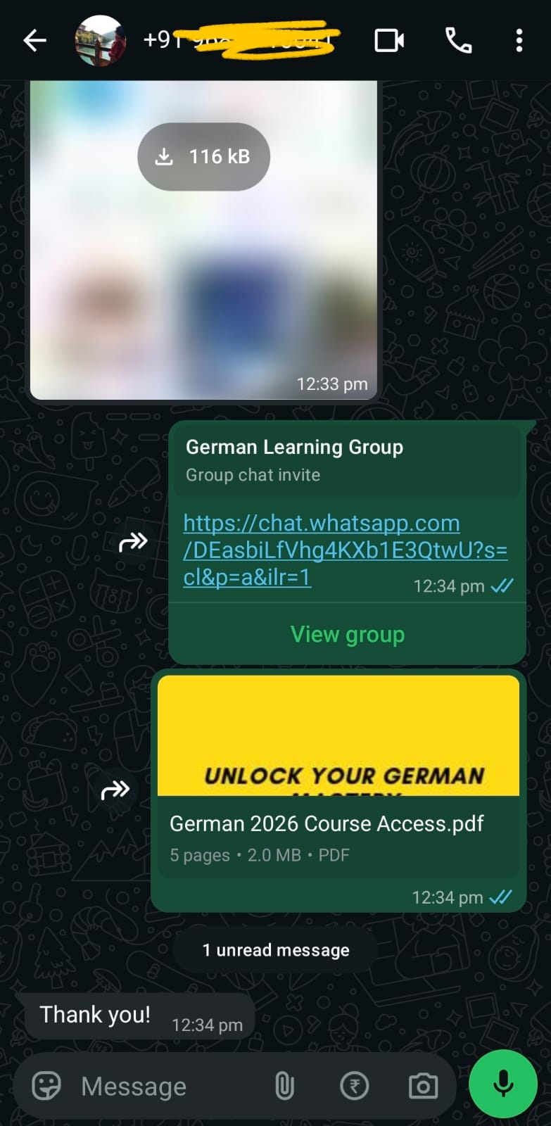 Customer receiving the German Mastery Bundle access PDF and community invite on WhatsApp