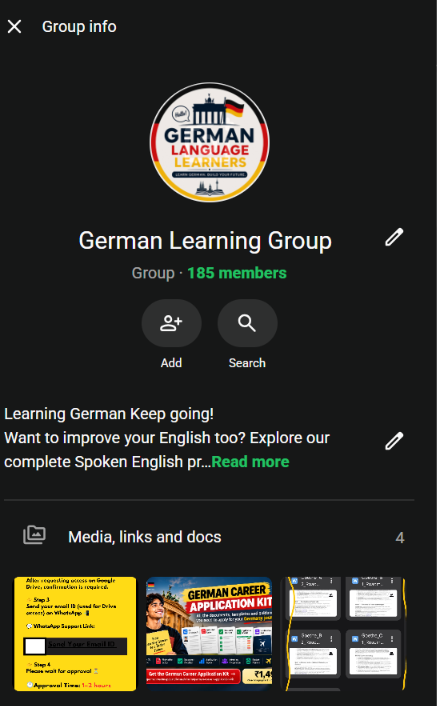 WhatsApp German Learning Group info screen showing 185 members